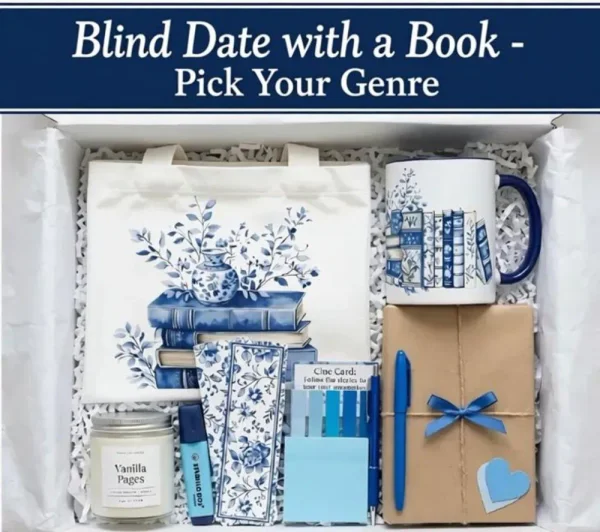 Bookworm Blind Date with a Book Gift Set, Blue Delft Ceramic Mug & Tote | Booklover Cozy Reader Gift Box
