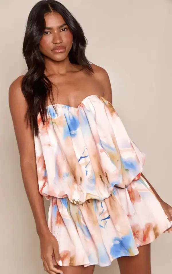 Peach Printed Tiered Puffball Mini Dress