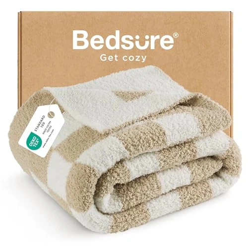 Bedsure GentleSoft Checkered Throw Blanket for Couch - Beige Soft Cozy Blanket, Fluffy Warm Fuzzy Knit Throw Blankets for Bed Sofa, Birthday, Valentines Day Decor Gifts for Women Men, 50x60 Inches