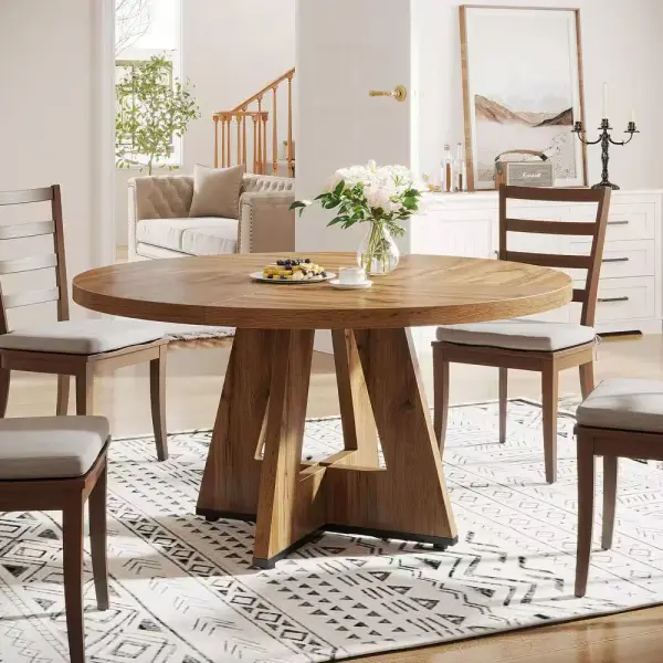 BYBLIGHT Roesler Farmhouse Oak Wood 47 in. W Pedestal Dining Table, Round Dining Table without Chairs, Kitchen Table Seats 4 BB-XK00546YF-DT - The Home Depot