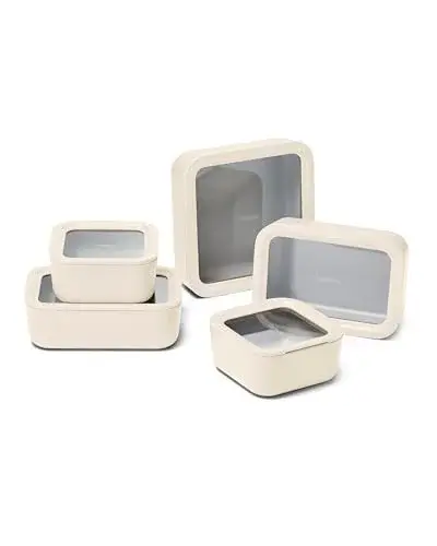 Caraway 13pc Glass Food Storage Container Set - Easy to Store, Non Toxic Lunch Box - with Glass Lids - Includes Storage Organizer - Cream