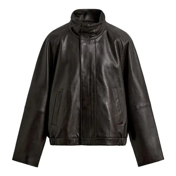 Leather Bomber Jacket with High Collar