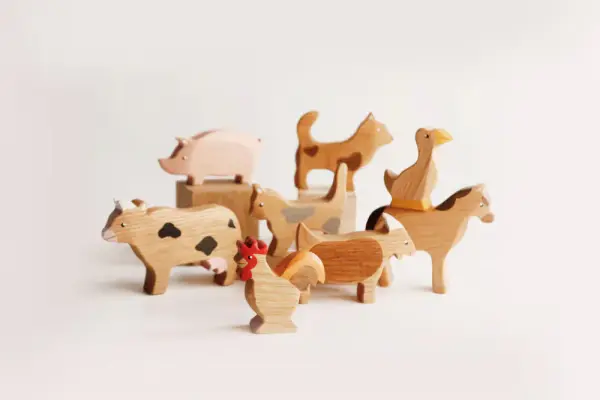 Wooden Farm Animal Figurines: Oak Toy Set, Nursery Decor