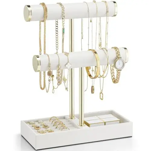 VLANDO 2 Tier Bracelet Holder with Tray - Leather Jewelry Stand Organizer for Women - Necklace Holder Display for Necklace, Watches, Rings, Earrings, Bangle, Scrunchie - White