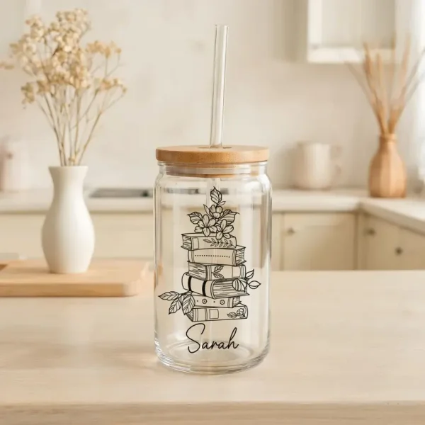 Personalized Cottage Core Theme Bookish Can Glass Cup, Floral Line Art Reader Iced Coffee Cup, Matching Book Club Gifts, Cozy Bookworm Gift