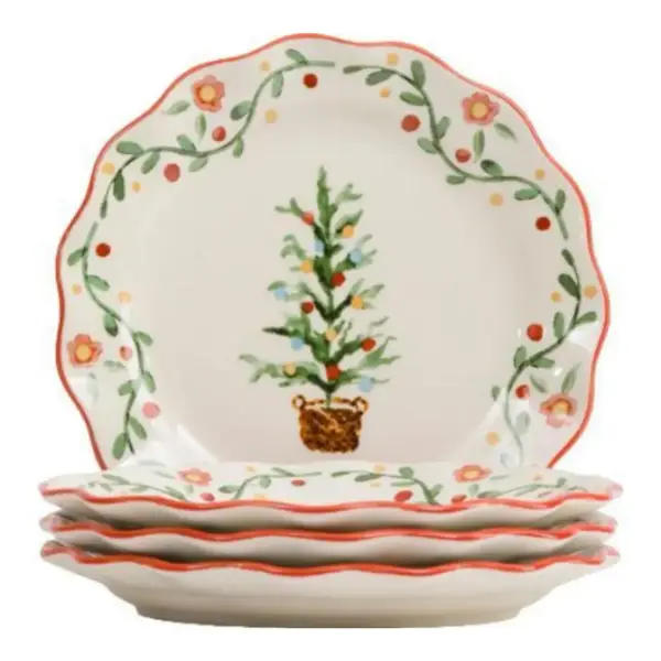 Set Of 4 Scalloped Dinner Plates With Tree