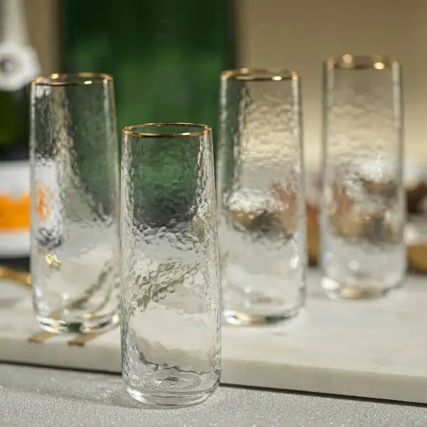 Hammered Gold Rim Stemless Champagne Flutes, Set of 4