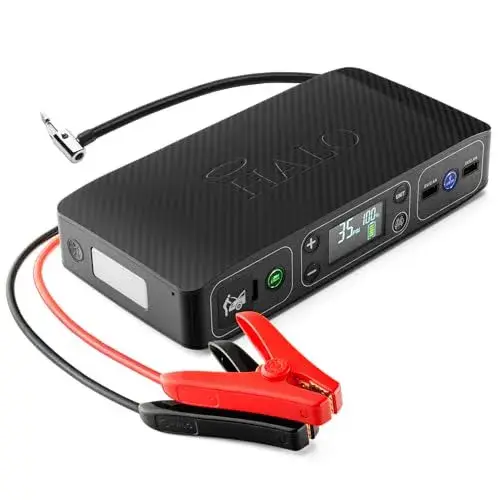 HALO Bolt Air 58830 Portable Car Battery Jump Starter | 100 PSI Air Compressor, 58.8Wh USB Power Bank, Emergency Floodlight & Charger, Jumps Cars SUVs & Trucks, Inflates Tires, TSA Approved — Black