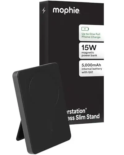 Mophie Powerstation Wireless Slim with Stand 5,000mAh Power Bank – MagSafe Compatible, 15W Qi2-Certified, 20W USB-C PD Fast Charging, Ultra-Thin Battery Pack for iPhone, Android, Travel & Airplane Use