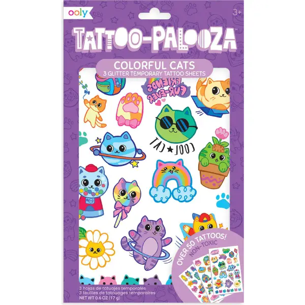 Tattoo-Palooza Temporary Tattoos - Colorful Cats - 3 Sheets