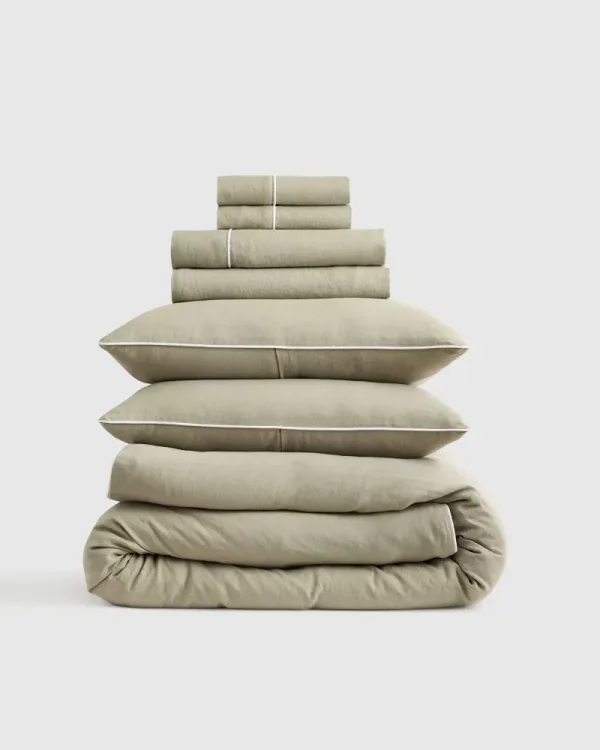 European Linen Piped Deluxe Bedding Bundle in Willowleaf/White