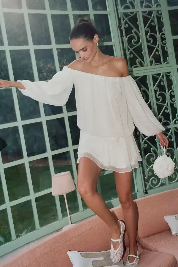 BHLDN Chiffon Off-Shoulder Long-Sleeve Rosette Mini Dress
