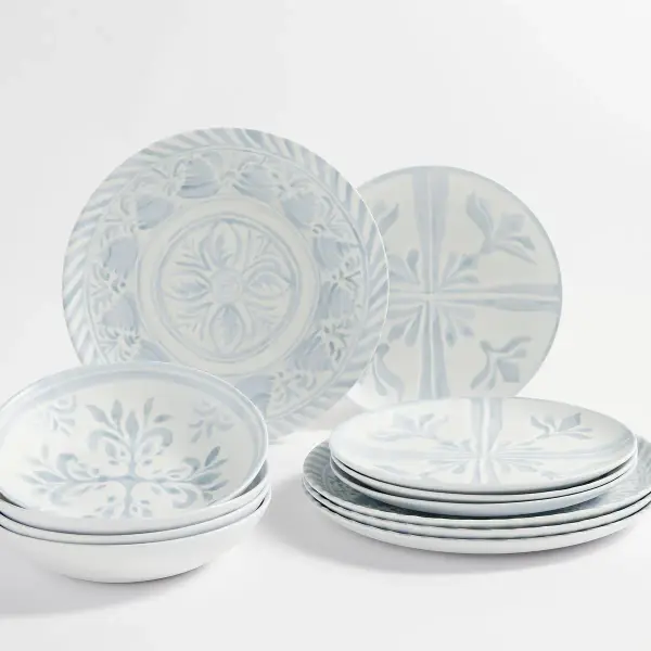 Chambray Tile Outdoor Melamine 12-Piece Dinnerware Set