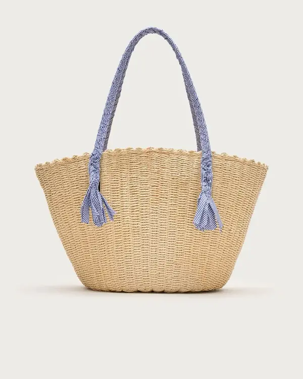 Como handwoven straw tote with gingham handles