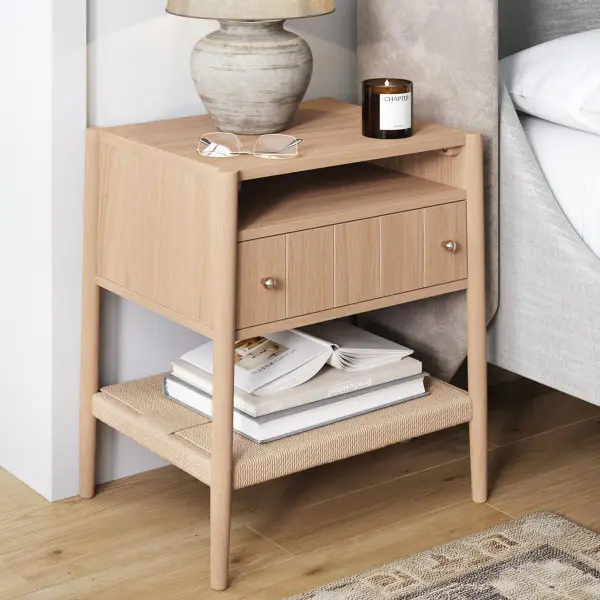 Wood Nightstand with Drawer Seagrass Storage