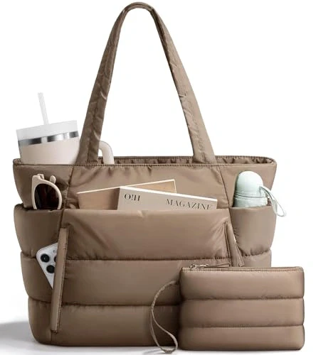 Bagstellar Puffer Tote Bag for Women, Lightweight Puffy Work Handbag Teacher Nurse Quilted Shoulder Bag for School Travel Gym