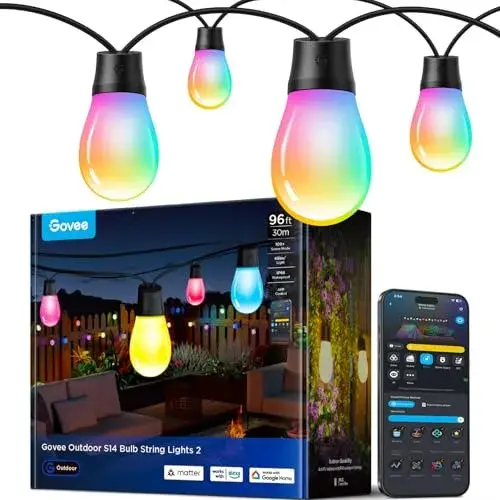 Govee S14 Bulb Outdoor String Lights 2, 96ft Smart RGBIC Warm White Lights with 30 LED Bulbs(2 Ropes of 48ft), 111 Scene Modes for Patio Decor, IP66 Compatible with Alexa, Google, Matter, APP Control
