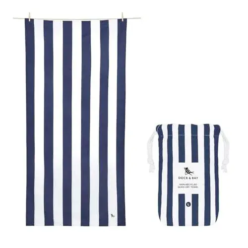 Dock & Bay Beach Towel - Quick Dry, Sand Free - Compact, Lightweight - 100% Recycled - Includes Bag - Cabana - Navy - Large (160x90cm, 63x35)