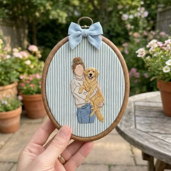 Personalized Embroidered Pet & Owner Portrait Hoop, Custom Dog Mom Embroidery, Pet Lover Keepsake, Memorial Gift