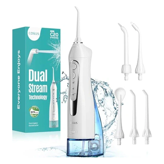 COSLUS Water Dental Flosser Teeth Pick C20(F5020E): Portable Cordless Oral Irrigator 300ML Rechargeable Travel Irrigation Cleaner IPX7 Waterproof Electric Flossing Machine for Teeth Cleaning, White