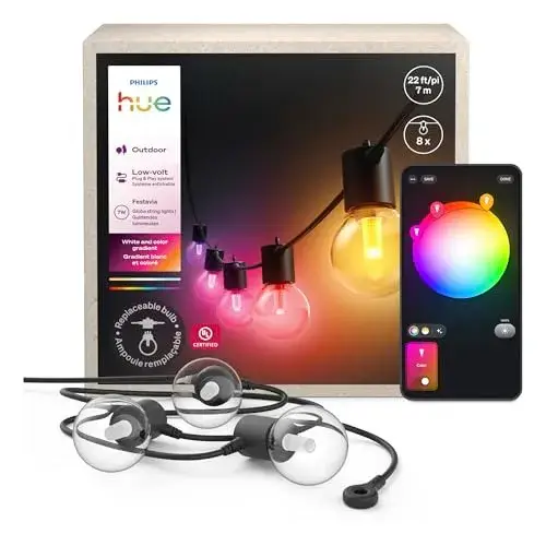 Philips Hue Festavia Globe Outdoor String Lights, White & Color Ambiance, 22ft,8 Bulbs, Dimmable, Control with Hue App or Voice, Bridge Required