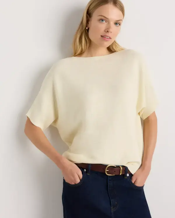 Lightweight Cotton Cashmere Link-Stitch Dolman Sweater  in Heather Oatmeal