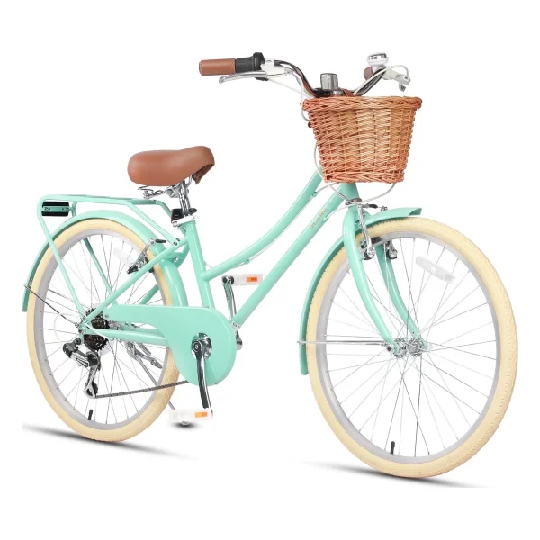 Glerc Missy 24" inch Girl Cruiser Kids Bike Shimano 6-Speed Teen Hybrid City Bicycle with Rack for Youth Ages 7 8 9 10 11 12 13 14 Years Old Wicker Basket & Lightweight, Mint Green