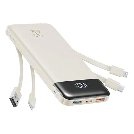 charmast 20000mAh Portable Charger with Built in Cables, 22.5W Travel Power Bank Fast Charging, USB C Cell Phone Battery Pack for iPhone 16/15/14/13/12/11 Series, iPad, Samsung, Android, Tablet