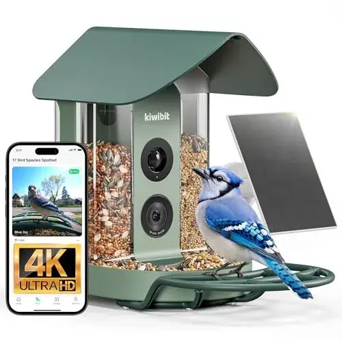 Kiwibit Smart Bird Feeder with Camera Solar Powered, 4K Video Live stream, Wireless Outdoors Bird Camera, AI Identification Bird Specie, Real-Time Bird Alert, Birdwatching Gift for Father's Day, Green