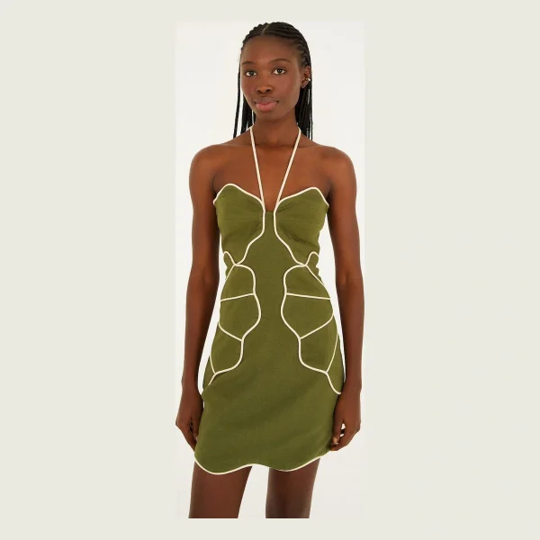Green Wavy Trim Halter Neck Lenzing™ Ecovero™ Euroflax™ Mini Dress