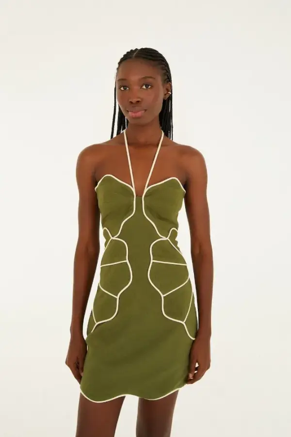 Green Wavy Trim Halter Neck Lenzing™ Ecovero™ Euroflax™ Mini Dress