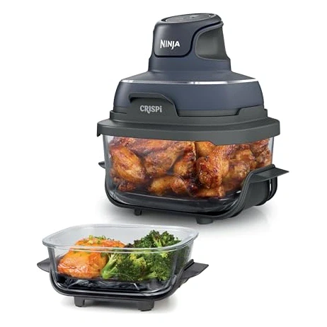 Ninja Crispi 4-in-1 Glass Air Fryer | With Non-Toxic 4QT & 6-Cup Glass Containers & Lids | Microwave, Freezer, Dishwasher Safe | 450°F Max Temp |1500 Watt | Cyberspace | FN101GY