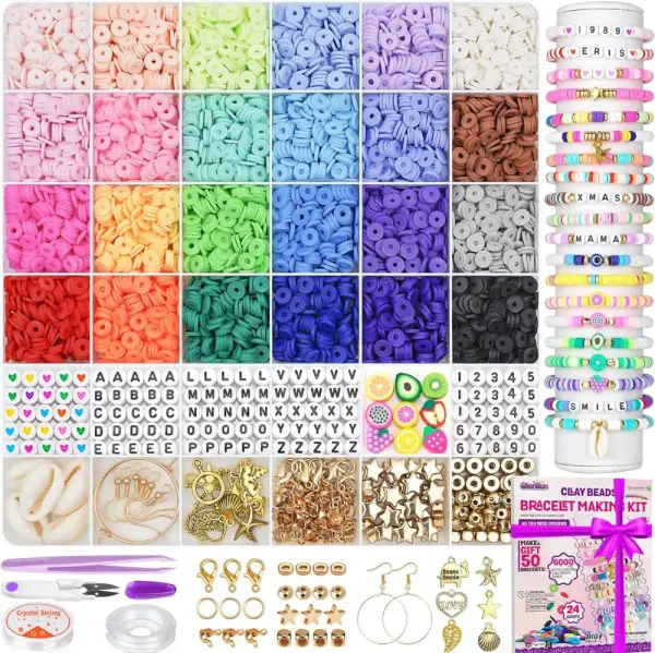 6000 Clay Beads Bracelet Making Kit, 24 Colors Flat Preppy Beads for Friendship Bracelets, Polymer Clay Beads with Charms for Jewelry Making, Crafts Gifts for Girls