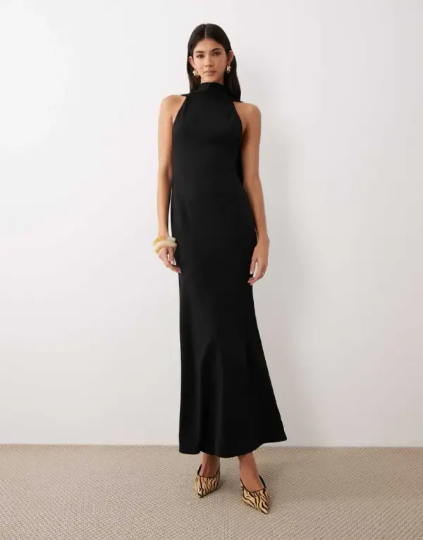 ASOS DESIGN crepe scarf detail maxi dress with plunge back in black in scuba-style fabric