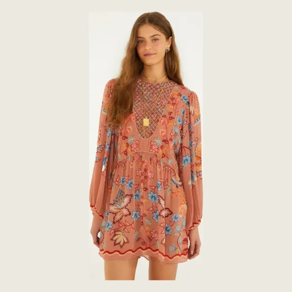 Mocha Boho Enhance Lace Long Sleeve Mini Dress