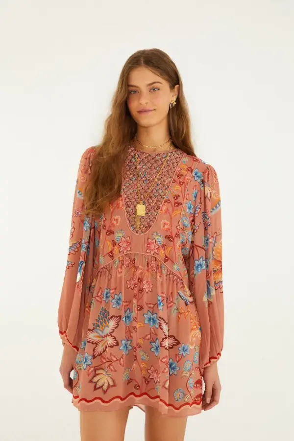 Mocha Boho Enhance Lace Long Sleeve Mini Dress