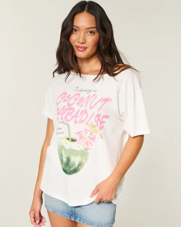Oversized Off-the-Shoulder Coconut Paradise Graphic Tee