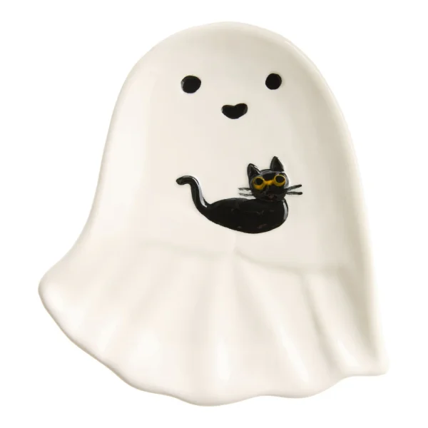 White Ghost and Cat Hand Painted Figural Appetizer Plate