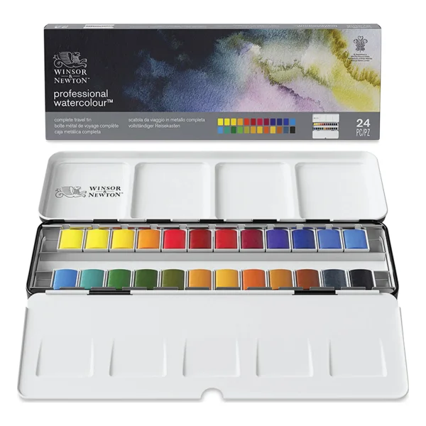 Winsor & Newton Professional Watercolor - Set of 24 Complete Travel Tin, Assorted, Half Pans