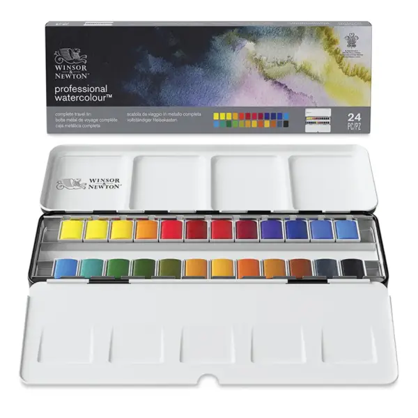 Winsor & Newton Professional Watercolor - Set of 24 Complete Travel Tin, Assorted, Half Pans