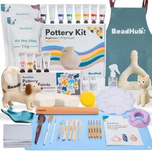 Pottery Kit for Beginners, 4.4LBS Air Dry Clay for Adults with Sculpting Tools, Paint, Glaze, 2kg Air-Dry Modeling Clay | Molding, Sculpt & Painting Set, Hobby Date Night DIY Art Craft Kits (White)