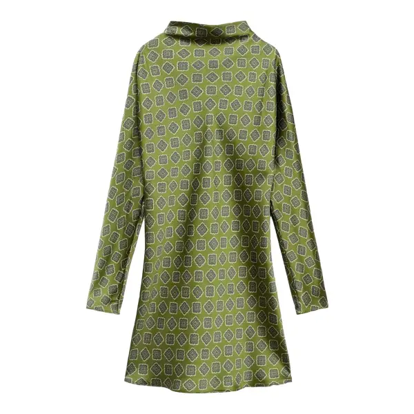 Printed Satin Dress With Funnel Neck