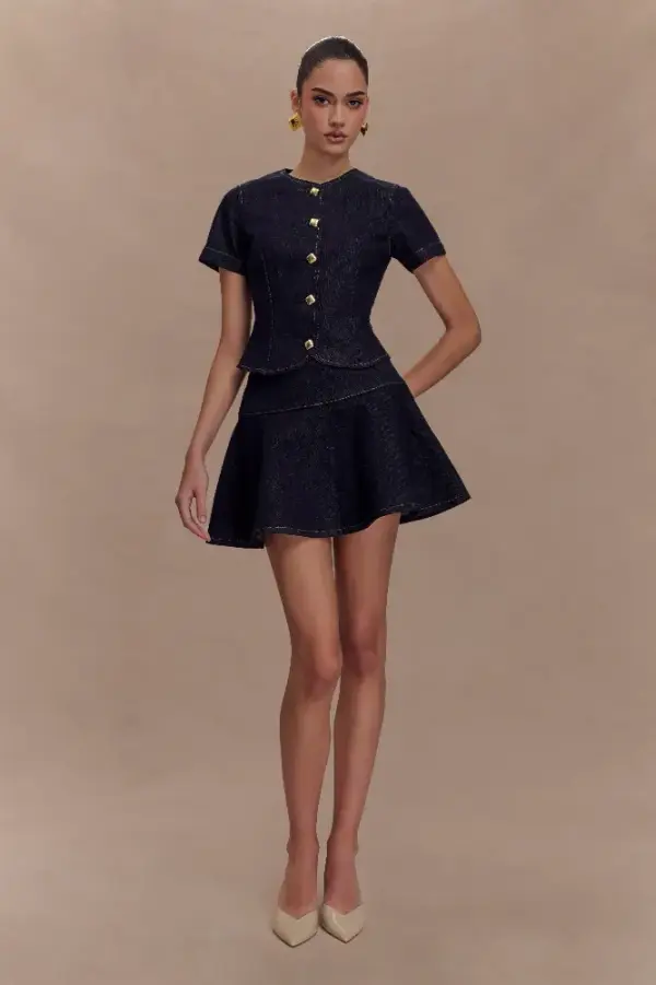 Bethany Short Sleeve Buttoned Denim Top - Washed Indigo Blue