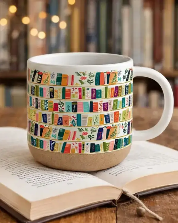Vintage Bookshelf Library Pottery Mug, Floral Bookish Gift for Reader, Aesthetic Library Coffee Cup, Book Lover Birthday Gift
