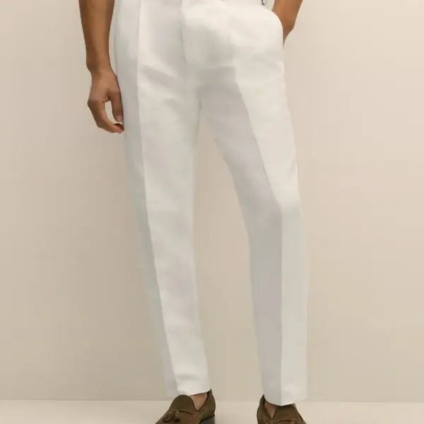 Slim Fit Cotton Linen Herringbone Single Pleat Suit Pants