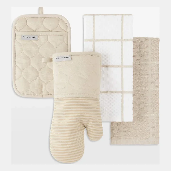KitchenAid ® Milkshake Quilted Cotton Terry Cloth Oven Mitt, Pot Holder and Kitchen Towel 4-Piece Set