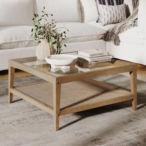 Square Glass & Rattan Coffee Table With Solid Wood Legs