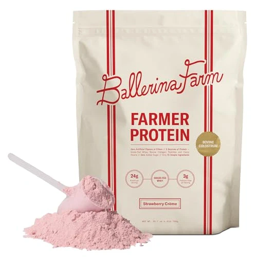 Ballerina Farm Grass Fed Whey Protein Powder Strawberry Crème, 24g Protein with Collagen Peptides, Bovine Colostrum, Hemp Hearts, Prebiotic Fiber, No Added Sugar or Artificial Ingredients, 20 Servings
