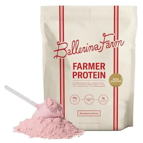 Ballerina Farm Grass Fed Whey Protein Powder Strawberry Crème, 24g Protein with Collagen Peptides, Bovine Colostrum, Hemp Hearts, Prebiotic Fiber, No Added Sugar or Artificial Ingredients, 20 Servings