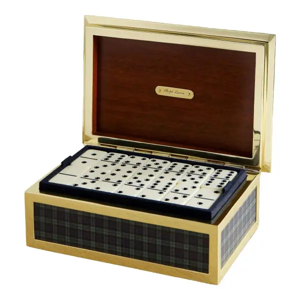 Checked Wood And Gold Tone Domino Set
